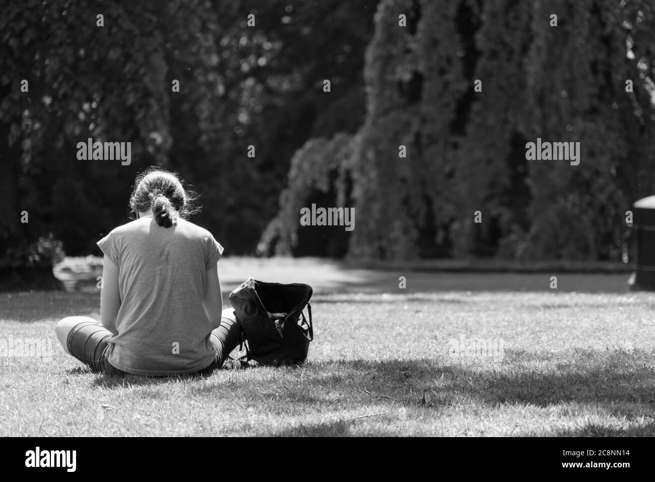 Una donna seduta sull'erba in un parco in una mattinata di sole durante il lock-up, The Valley Gardens, Harrogate, North Yorkshire, Inghilterra, Regno Unito. Foto Stock