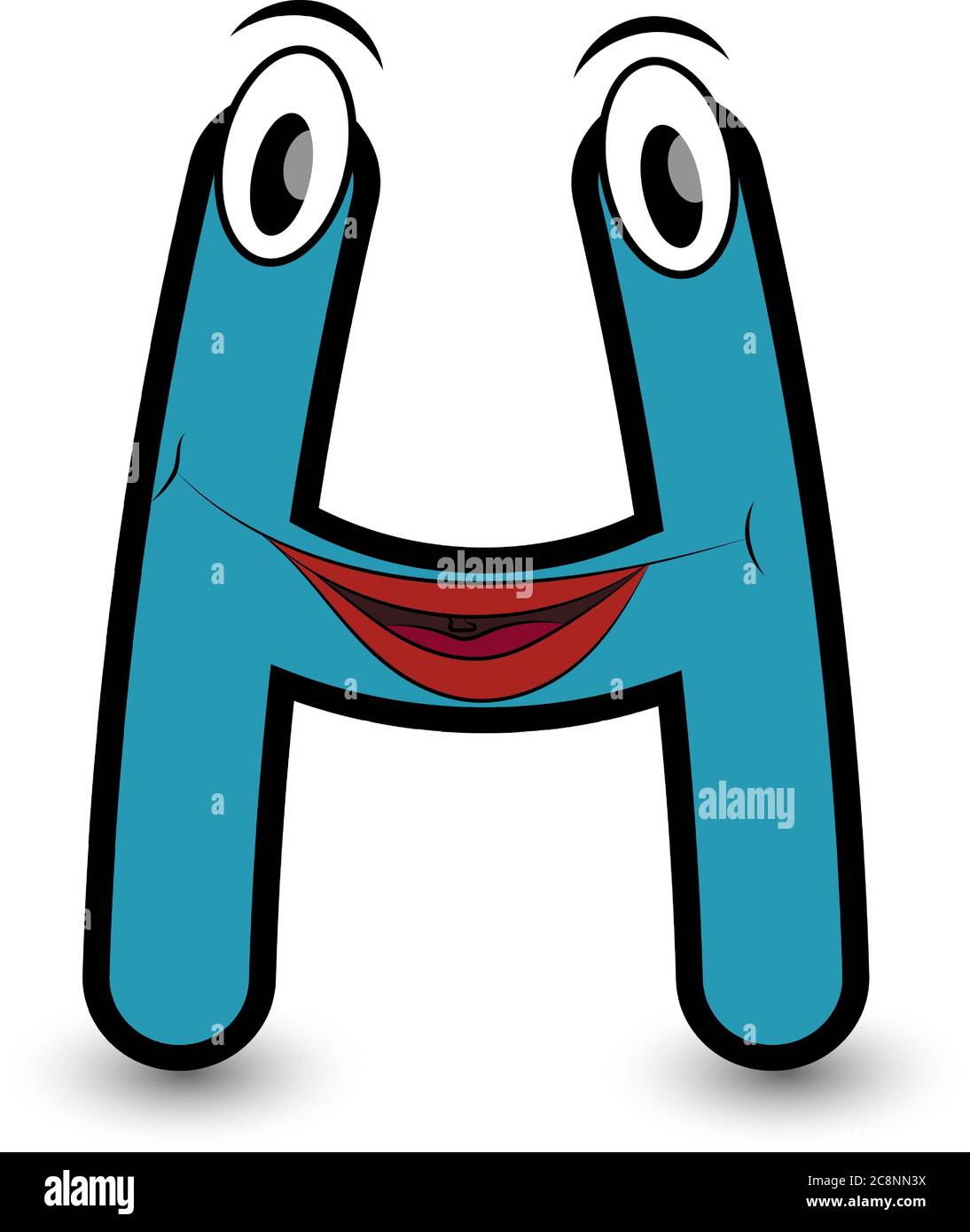 Divertente carattere disegnato a mano stile cartoon lettera colorata H con quadrante sorridente vettore alfabeto illustrazione isolato su bianco. Adatto per i bambini che imparano gli attiviti Illustrazione Vettoriale