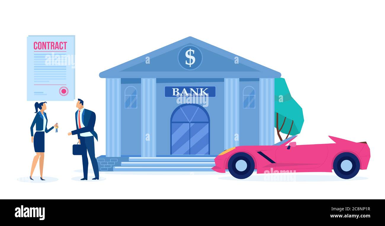 Vettore di un uomo e un agente di vendita con un prestito di automobile approvato e una nuova auto moderna su un background di costruzione di banca Illustrazione Vettoriale