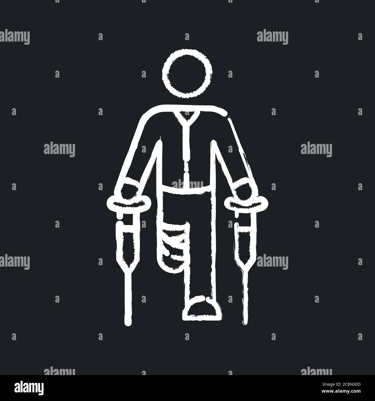 Amputare la gamba icona di gesso bianco su sfondo nero. Uomo disabile con stampelle. Paziente con gamba con bendaggio. Recupero da lesioni. Difficoltà di mobilità. È Illustrazione Vettoriale