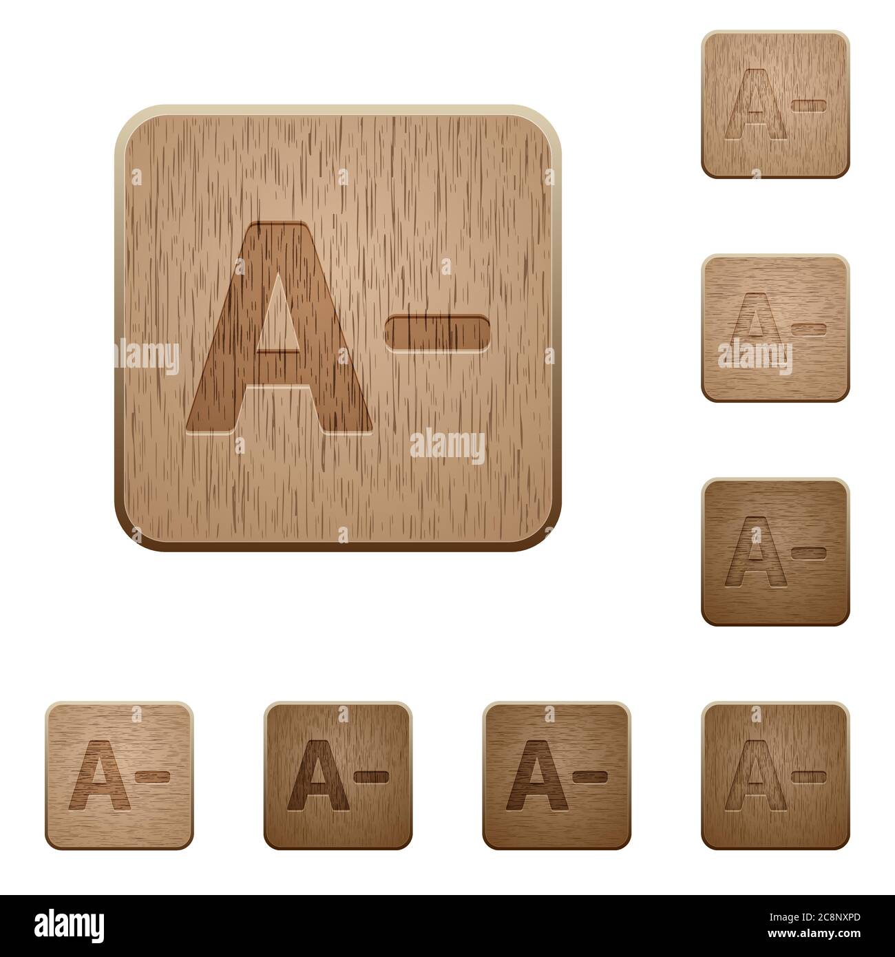 Set di legno intagliato ridurre i pulsanti delle dimensioni del carattere in 8 varianti. Illustrazione Vettoriale