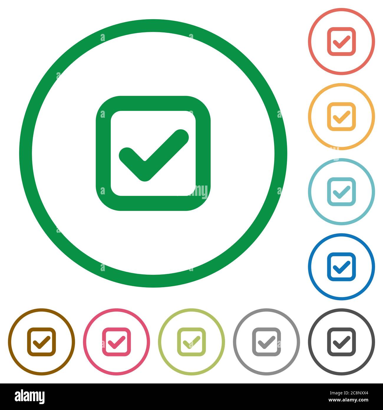 Set di caselle di controllo colorate attorno alle icone piatte con contorno su sfondo bianco Illustrazione Vettoriale
