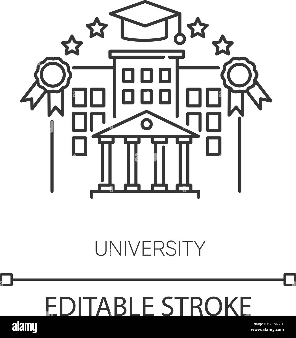 Icona lineare perfetta pixel University. Istruzione superiore, stile di vita degli studenti, illustrazione personalizzabile. Simbolo del contorno. Istituzione accademica. V Illustrazione Vettoriale