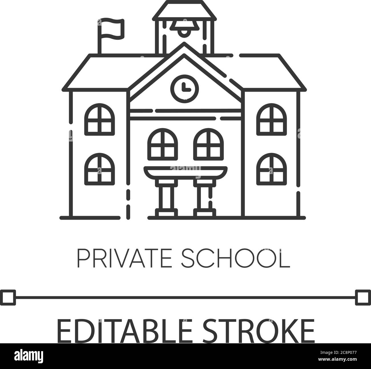Icona lineare perfetta pixel scuola privata. Prestigioso istituto educativo. Illustrazione personalizzabile su linee sottili. Simbolo del contorno. VECTO Illustrazione Vettoriale