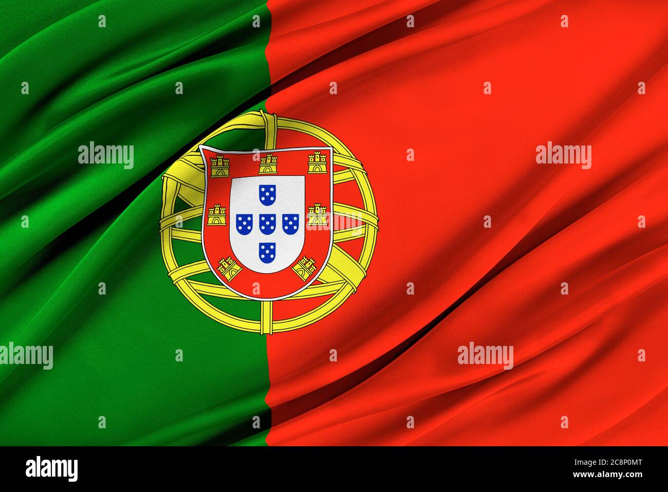 Bandiera colorata portoghese che sventola nel vento. Foto Stock