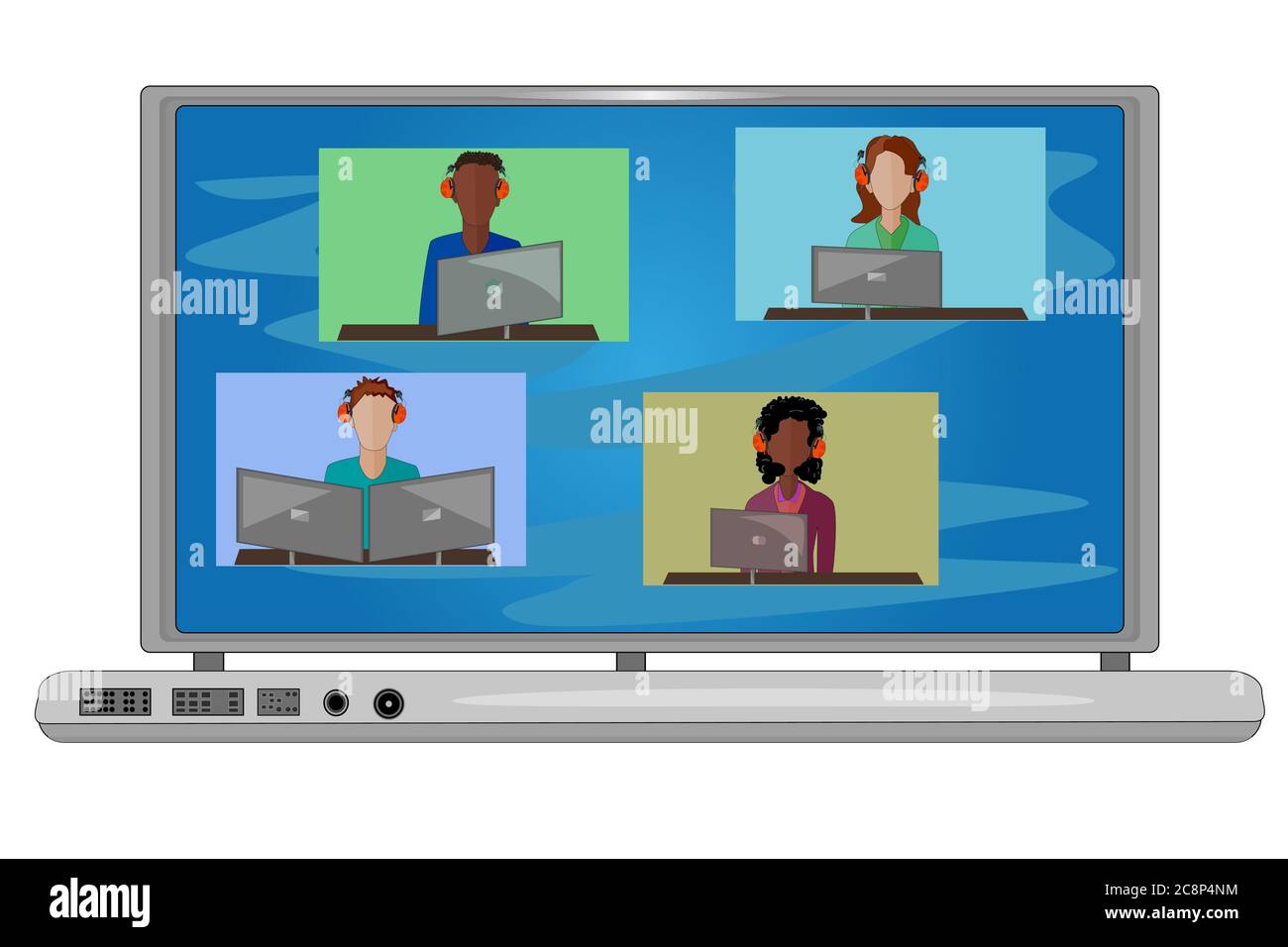 Notebook con webinar online, classe o corso.mantenere la distanza nella società pubblica per proteggere dalla diffusione del coronavirus.Party da casa tramite videocall.Vector Illustrazione Vettoriale