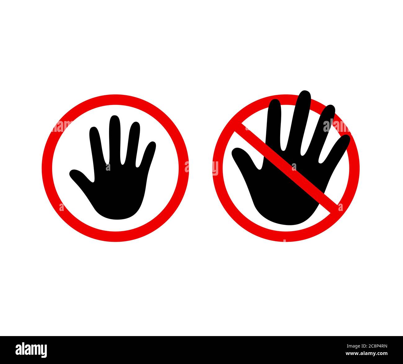 Icona del contorno della mano, segnale di stop, non toccare. Silhouette di palmo umano nero in cerchio rosso e barrato, set di illustrazioni vettoriali. Illustrazione Vettoriale