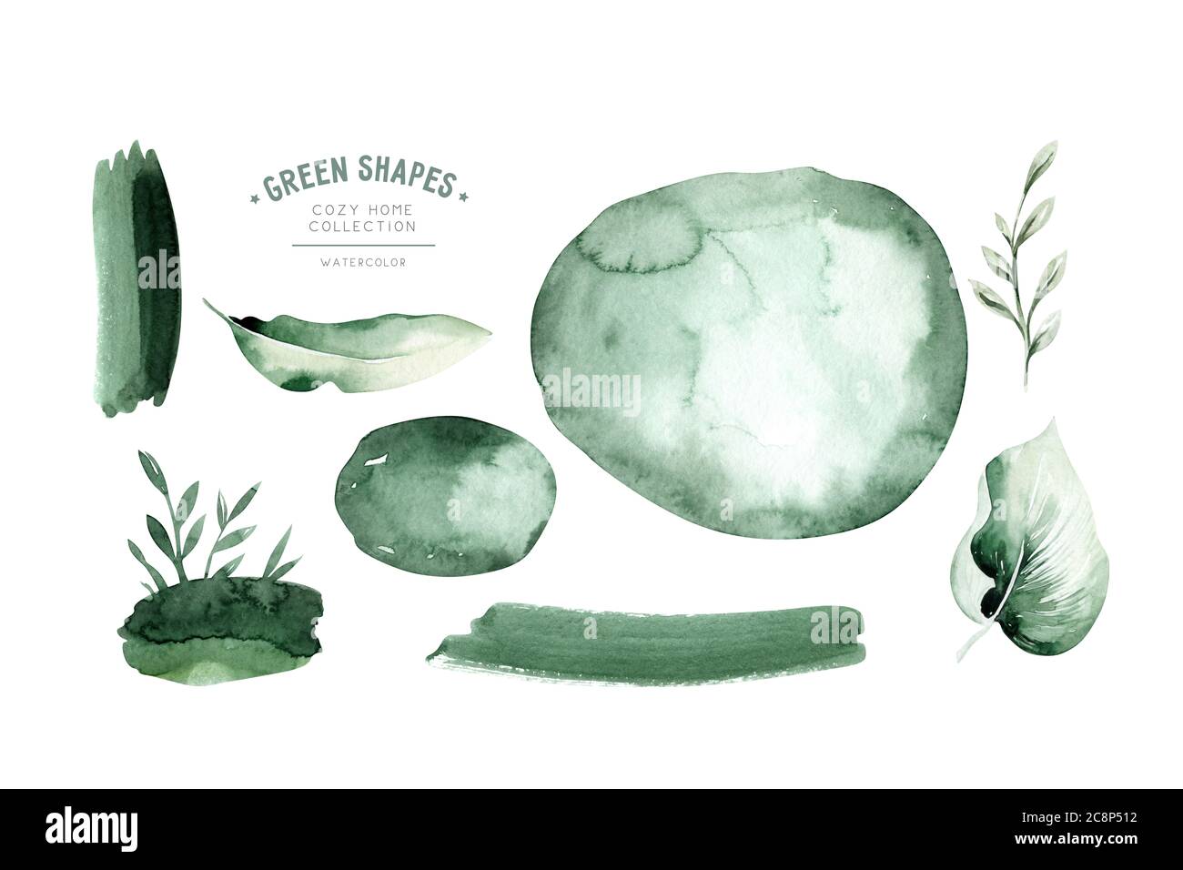 Set di macchie disegnate a mano. Sfondo verde astratto disegnato a mano. Alimenti naturali, biologici, bio, etichette ecologiche e forme su sfondo bianco Foto Stock