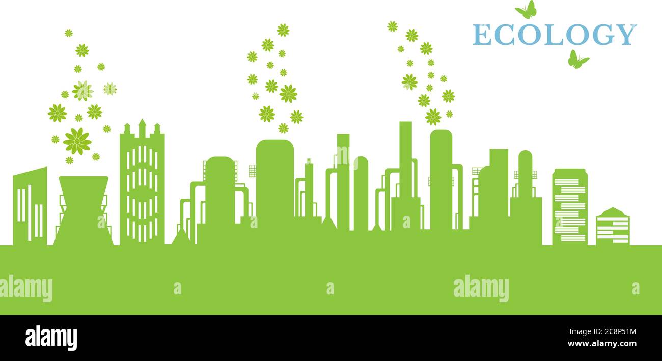 Produzione ecocompatibile senza emissioni nocive nell'ambiente. Concetto di conservazione dell'ambiente. Illustrazione vettoriale. Illustrazione Vettoriale