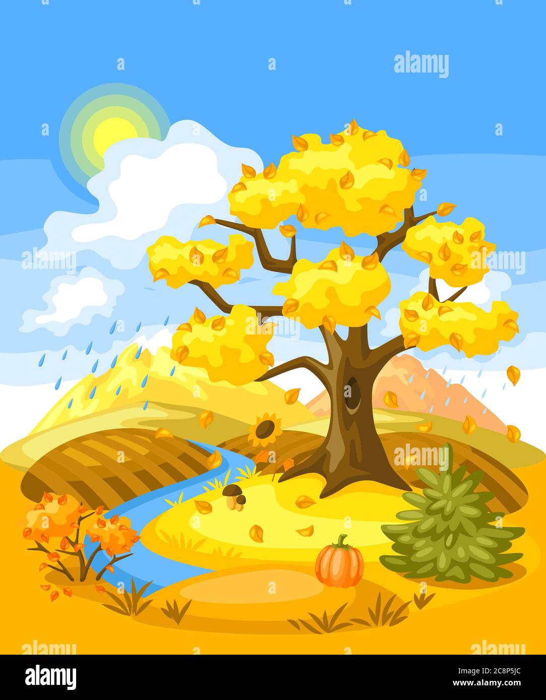 Paesaggio autunnale con alberi, montagne e colline. Illustrazione Vettoriale