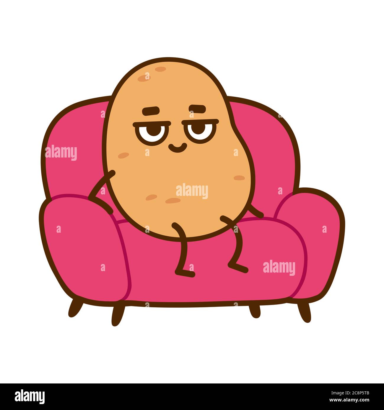 Patata del lettino, carattere divertente del cartone animato. Patate pigre sedendosi sul divano, immagine vettoriale clip art. Illustrazione Vettoriale