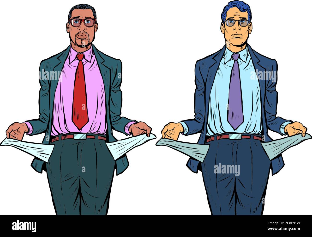 Imprenditore africano e caucasico in fallimento. Un uomo senza soldi Illustrazione Vettoriale