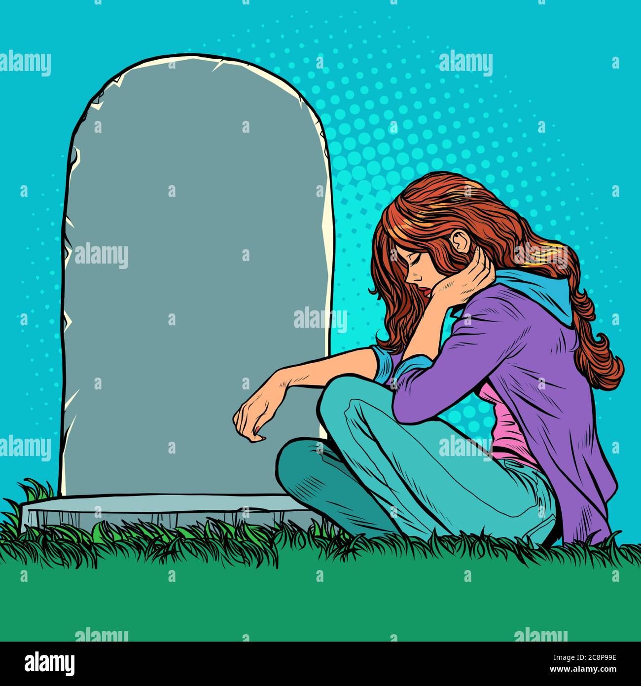 Una triste vedova o figlia vicino a una tomba nel cimitero. Memorial Day, veterano padre o marito. Illustrazione Vettoriale