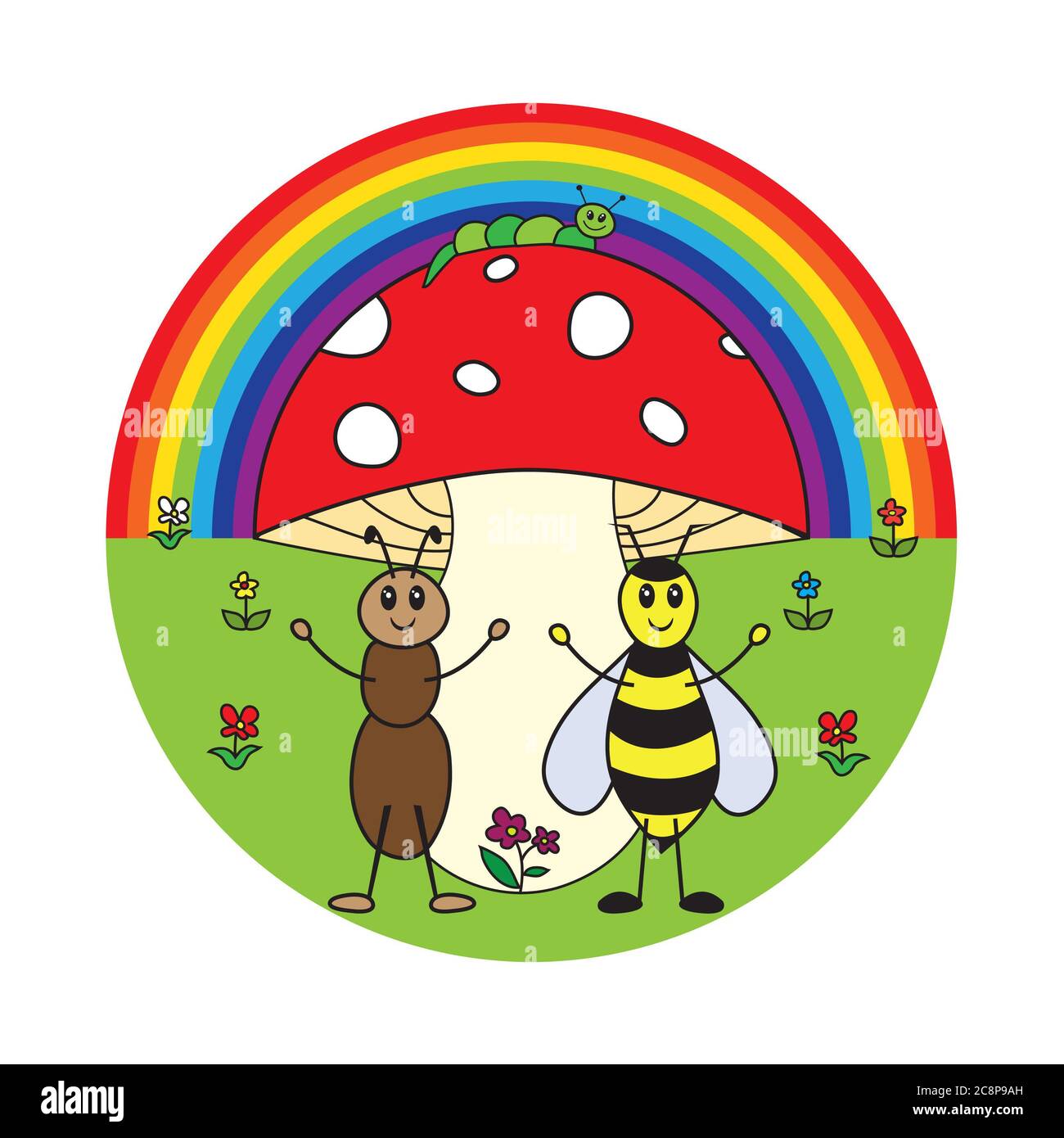 Sfondo di insetti divertenti cartoni animati. Illustrazione per bambini. Foto Stock