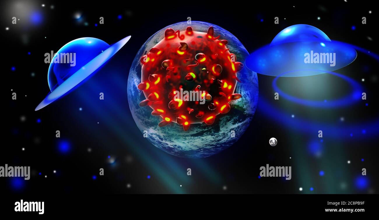 UFO e pianeta Terra con coronavirus nello spazio. Foto Stock