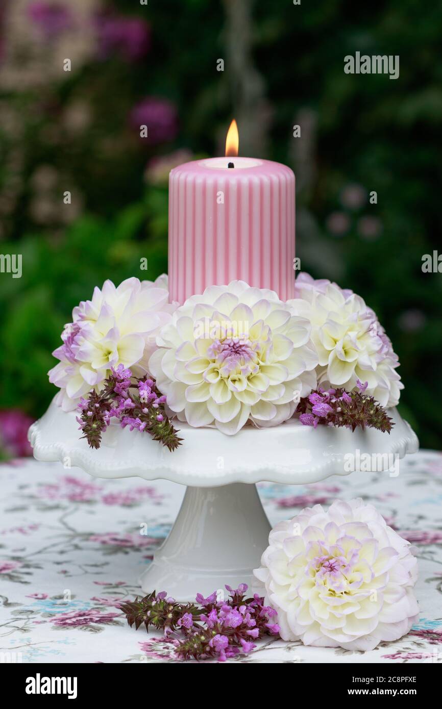 decorazione giardino con dahlias bianco e candela rosa su torta piastra Foto Stock