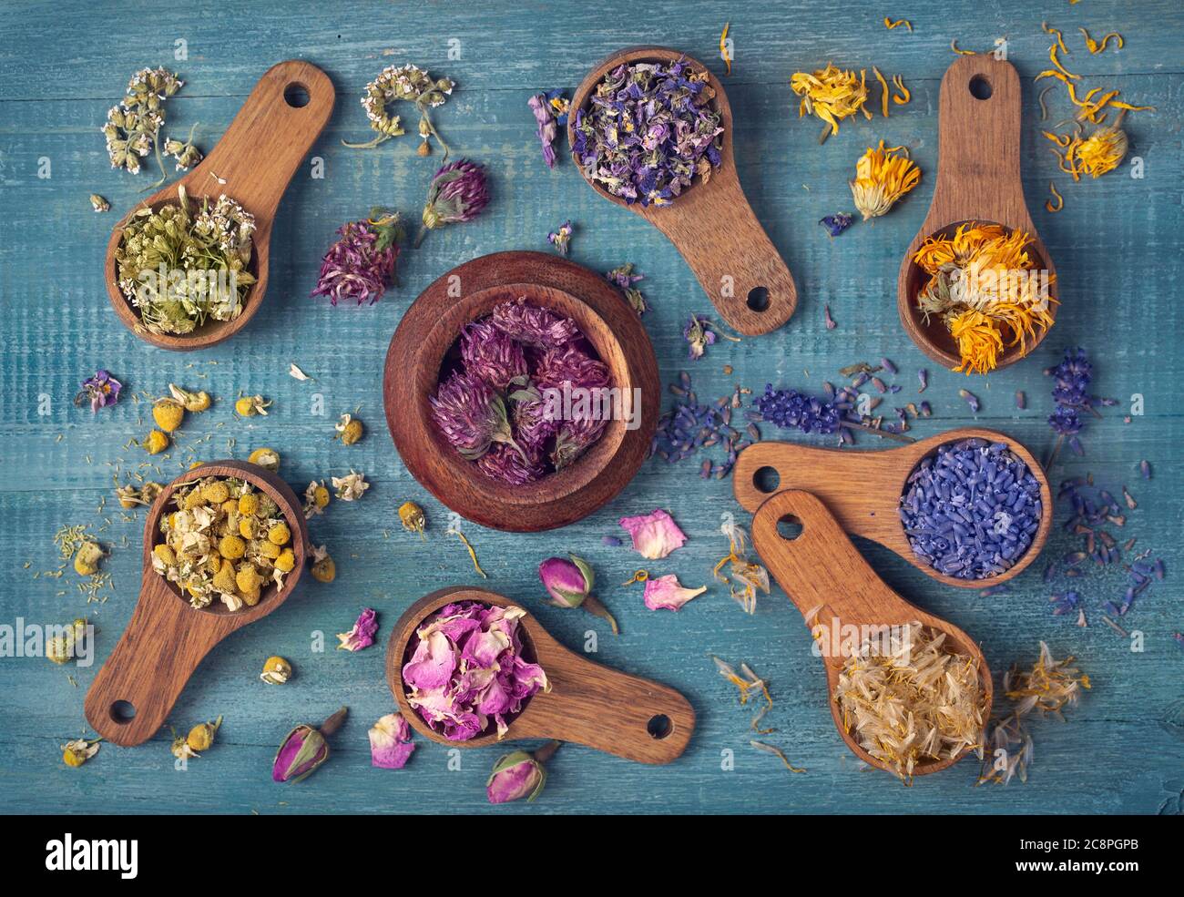 Fiori secchi in cucchiai di legno su sfondo blu Foto Stock