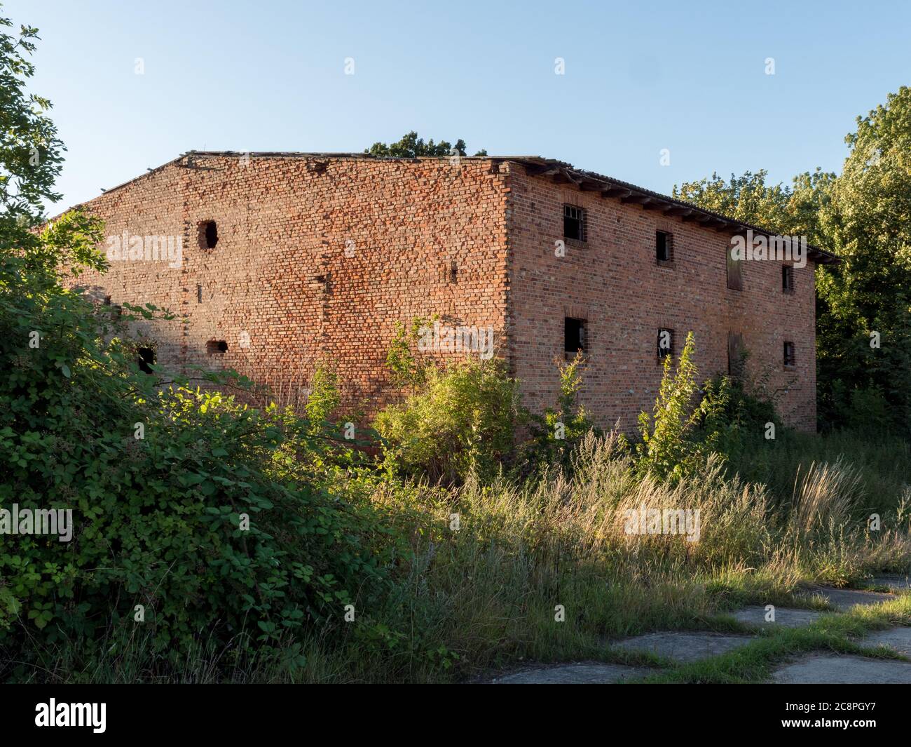 Verlassenes Bauerngut Bauernhof in einer ländlichen Regione im Sommer, abbandonata vecchia fattoria chiuso in rovina moderna campagna Foto Stock