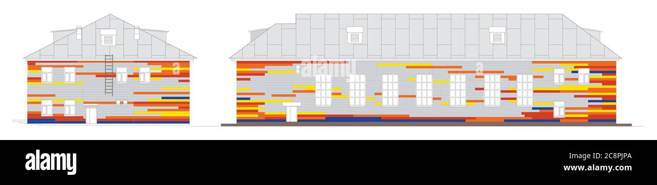 Disegno di una casa fiancheggiata da un'altra di colore luminoso. Struttura di lamiera dell'edificio. Rivestimento del pannello a parete. Pannelli di rivestimento di colore brillante. Isolamento di f Illustrazione Vettoriale