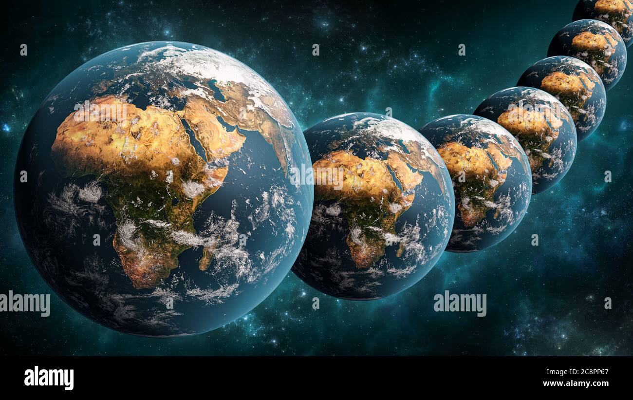 Allineamento o matrice di molti satelliti terrestri nello scenario dello spazio esterno rappresentazione 3D. Concetto di universi multiverso o paralleli. Texture di terra pro Foto Stock