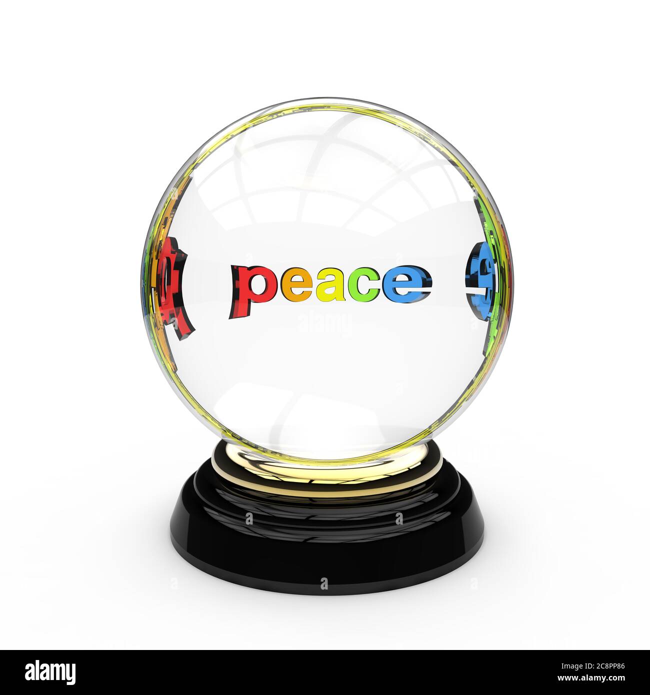 Sfera di cristallo di vetro con una parola arcobaleno di colore pace al centro montato su un anello d'oro e base nera su uno sfondo bianco Foto Stock