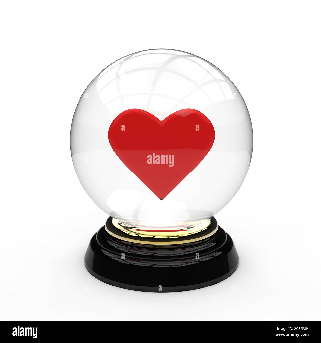 Sfera di cristallo di vetro con un cuore d'amore rosso al centro montato su un anello d'oro e base nera su uno sfondo bianco Foto Stock