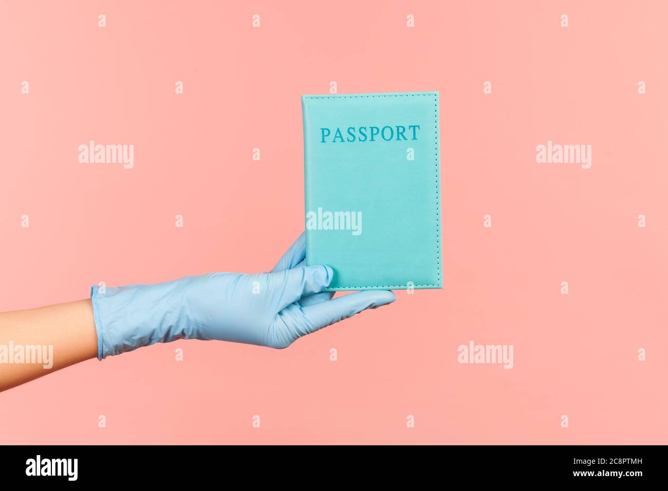 Profilo Vista laterale primo piano della mano umana in guanti chirurgici blu che tengono in mano il passaporto. Interno, studio girato, isolato su sfondo rosa. Foto Stock