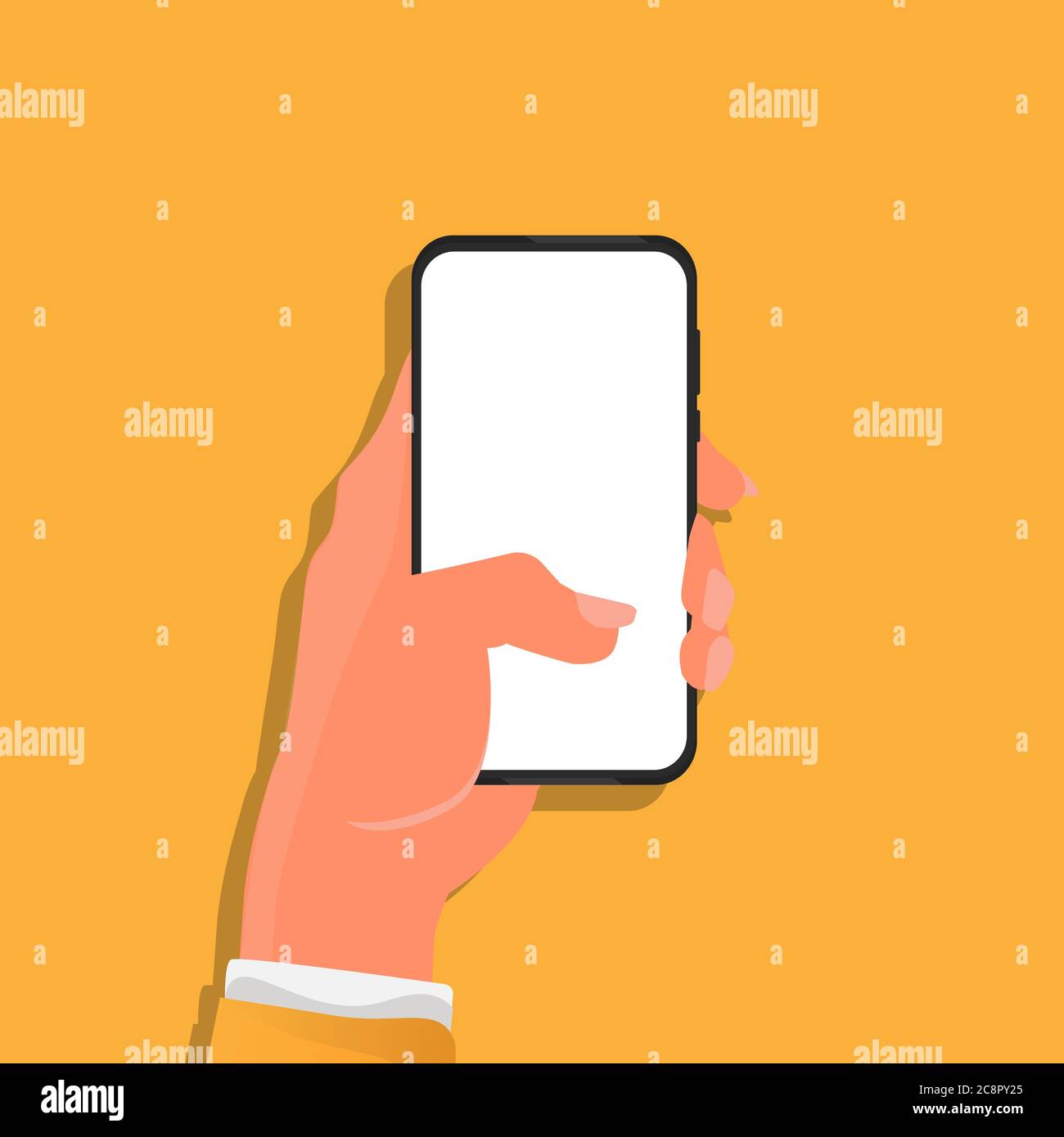 Mano femminile che usa il telefono cellulare su sfondo arancione, vettore, Mockup Illustrazione Vettoriale