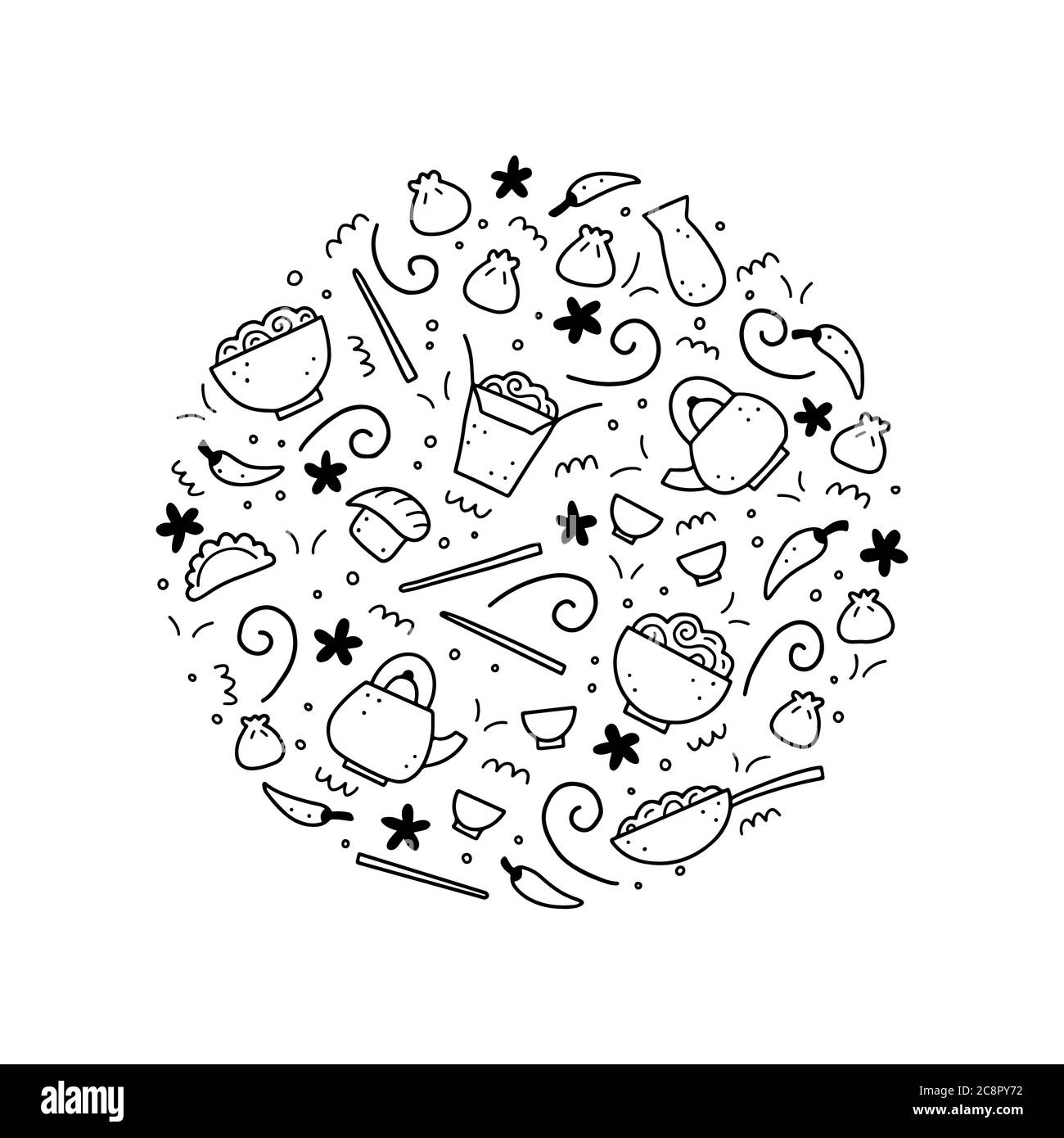 Set di elementi di cibo asiatici, wok, ramen, noodle, soia. Stile di schizzo Doodle. Elemento alimentare asiatico disegnato da penna digitale. Illustrazione vettoriale per la progettazione di menu, frame, ricette. Illustrazione Vettoriale