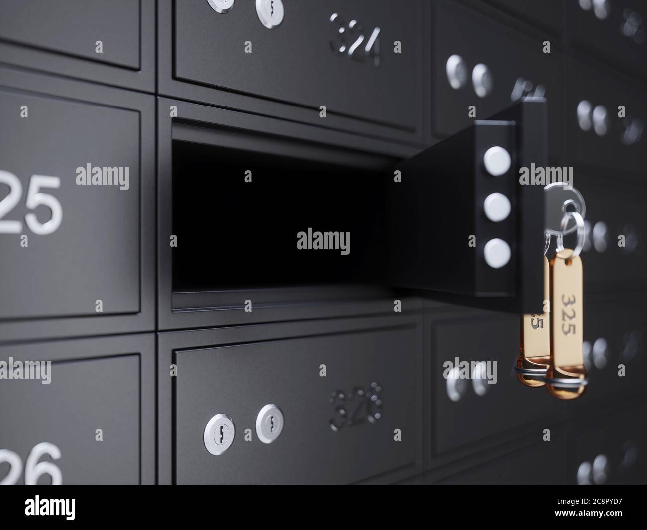 Cassetta aperta con chiave ed etichetta dorata. illustrazione del rendering 3d Foto Stock