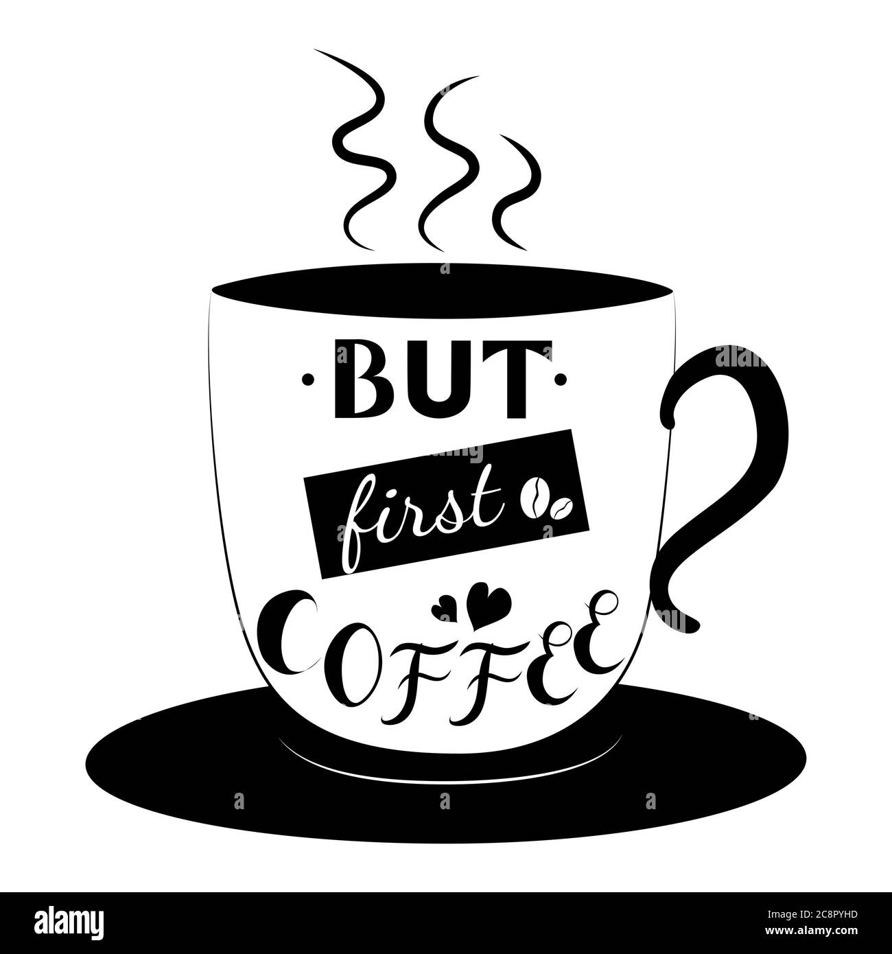 Ma il primo caffè. Scritta a mano, una tazza di carta da caffè illustrazione vettoriale. Illustrazione Vettoriale