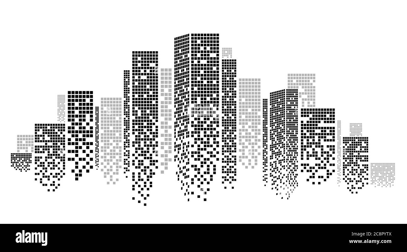 Centro commerciale della città contemporanea con sagome di grattacieli su sfondo bianco, illustrazione vettoriale Illustrazione Vettoriale