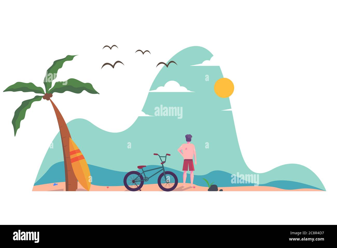 vacanza estiva in spiaggia, ciclista che guarda al bellissimo oceano. vettore premium Illustrazione Vettoriale