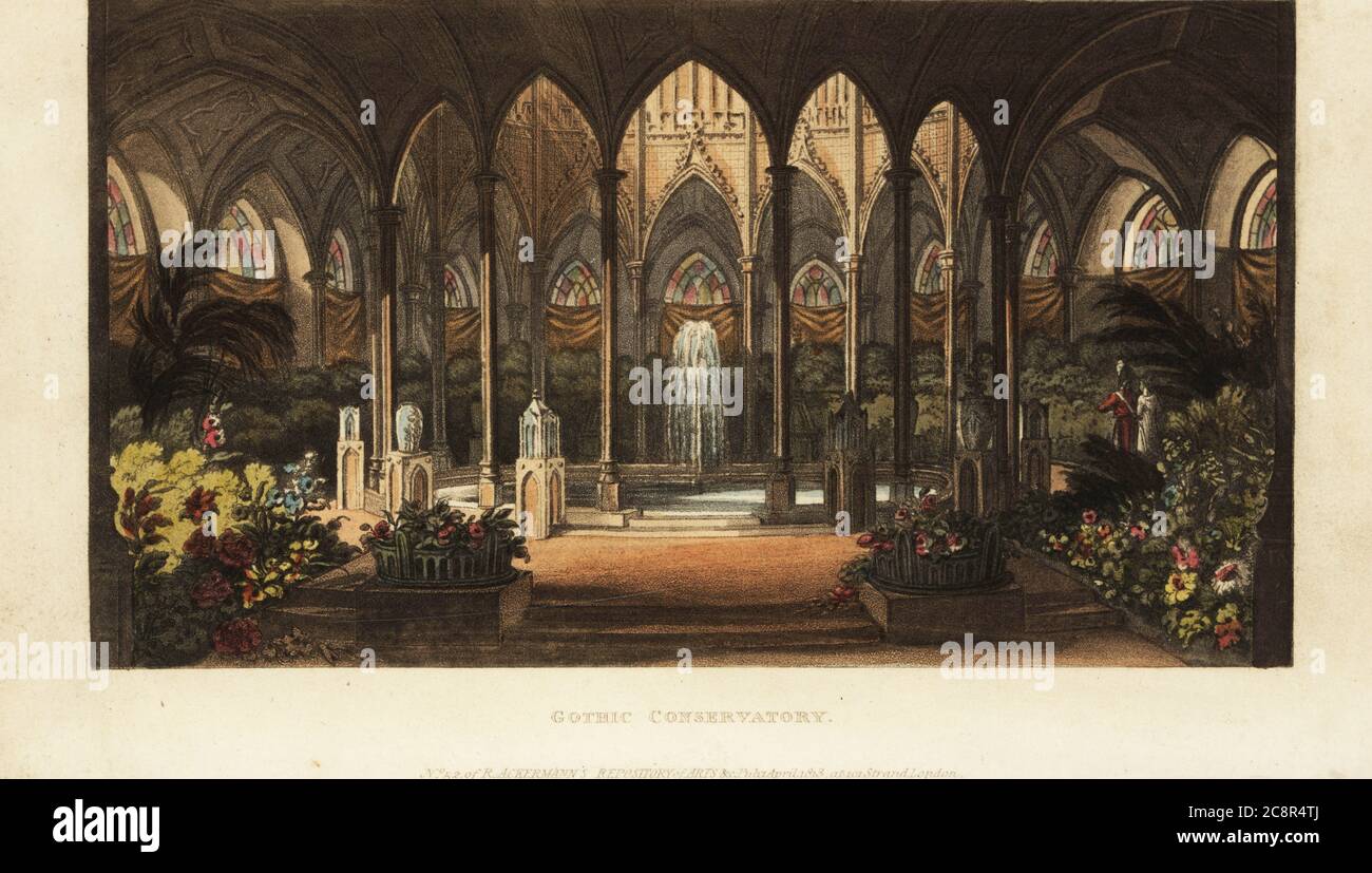 Giardino d'inverno gotico, era Regency. Un soldato in uniforme e una signora camminano in uno straordinario giardino botanico con un cerchio di colonne ad arco alto intorno ad una fontana centrale e laghetto, circondato da vetrate colorate e tende drappeggi. Il risveglio gotico in architettura inglese durò dalla metà del XVIII secolo fino all'epoca vittoriana. Incisione a mano su copperplate dal Repository delle Arti, della Letteratura, dei Fashion, dei Manufactures, ecc. di Rudolph Ackermann, Strand, Londra, 1813. Foto Stock