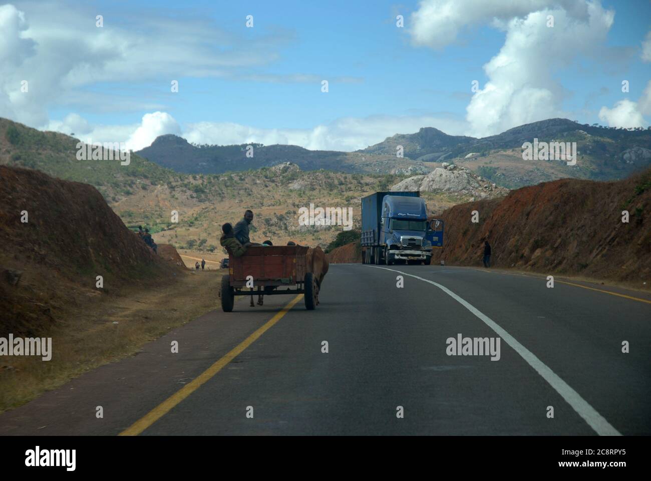 Asino che tira un carrello di legno e un camion che guida lungo un'autostrada pubblica, Malawi, Africa. Foto Stock