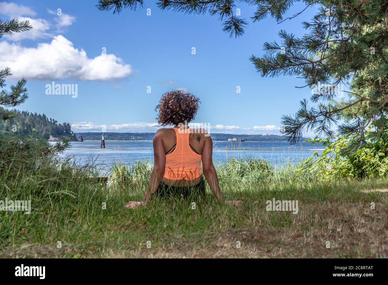 Vista posteriore di una giovane donna con la parte superiore arancione dell'halter che guarda all'oceano Foto Stock