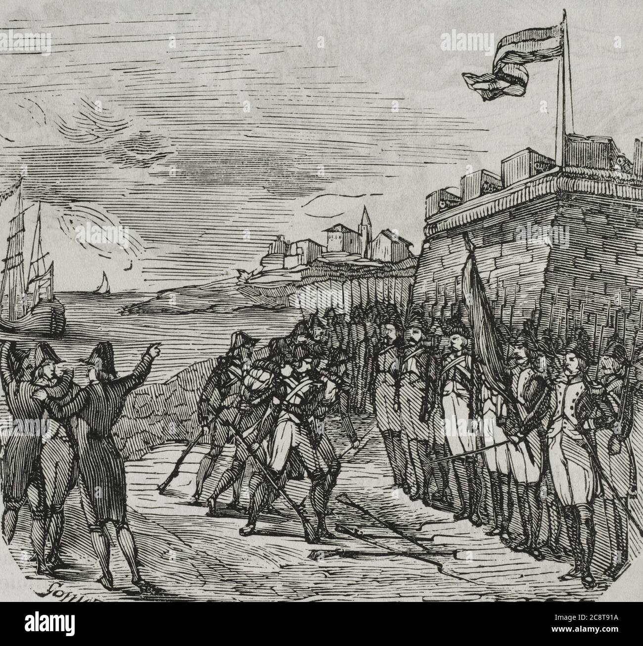 Guerra del Rosellón, también llamada Guerra de los Pirineos o Guerra de la Convención, (1793-1795). Conflitto tra le España de Carlos IV y la Primera República Francesa. 'Entrega de San Sebastián. Capitulación de la ciudad ante la entrada de las tropas francesas, desarmada, el 4 de agosto de 1794. 'An Sebastián no contó con ningún intente de departa por parte del gobernador militar, el generale Molina. Grado. Historia del Levantamiento, Guerra y Revolución de España, por el conde de Toreno. Madrid,1851. Foto Stock