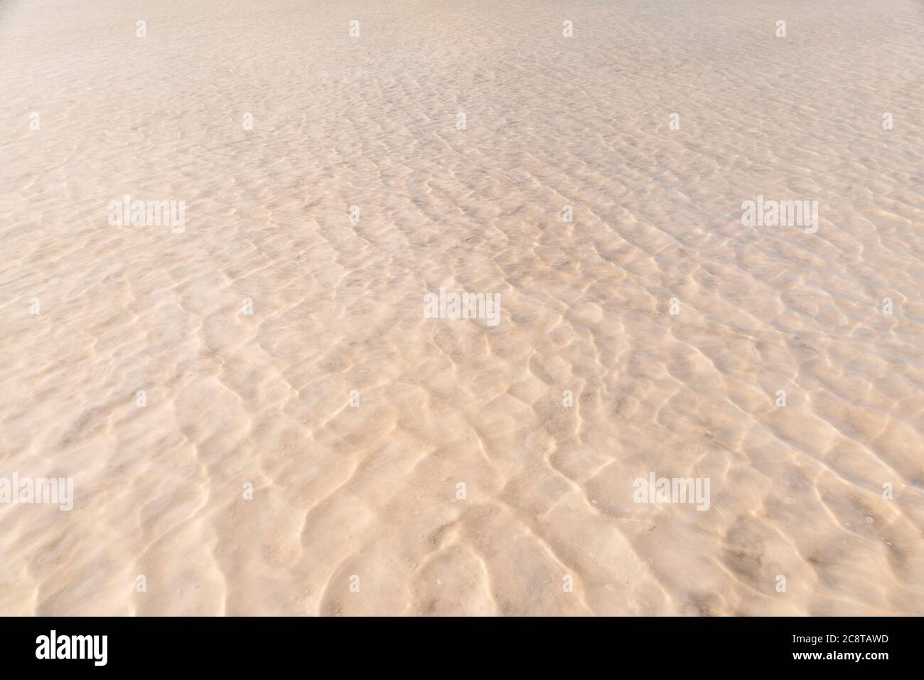 Le onde su un fondo sabbioso giallo si intersecano con le onde sulla superficie dell'acqua. La consistenza di sabbia e acqua. Poco profonda, shoal, acqua poco profonda Foto Stock
