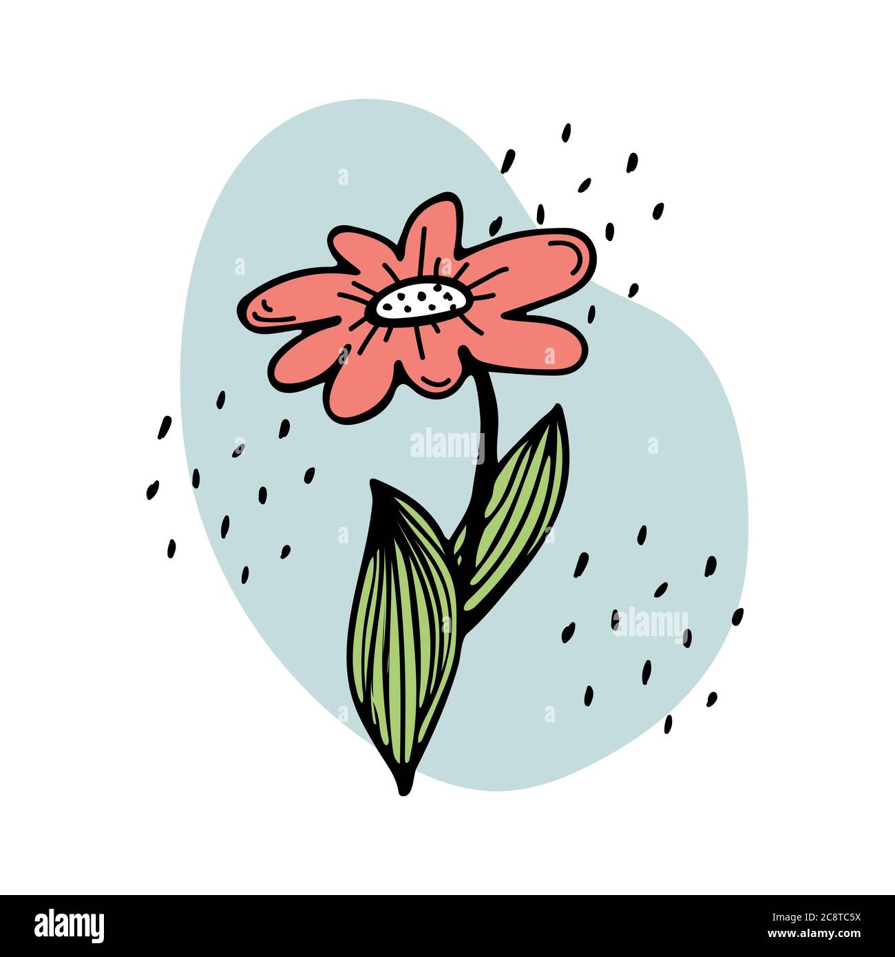 Doodle illustrazione di un carino fiore rosso. Caratteristiche, giardinaggio. Illustrazione Vettoriale