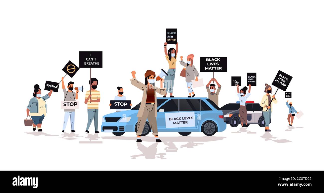 manifestanti folla con vite nere materia banner campagna contro la discriminazione razziale nel sostegno della polizia per pari diritti di nero persone isolate vettore orizzontale illustrazione Illustrazione Vettoriale