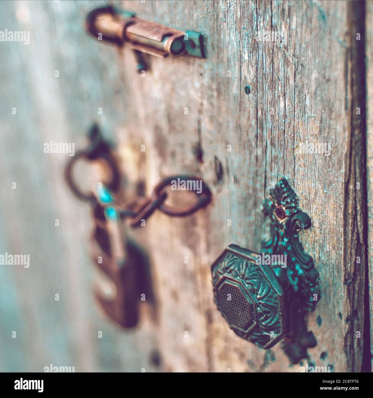 Vecchia porta in legno con maniglia vintage, gancio, serratura e rete. Stile boho Foto Stock