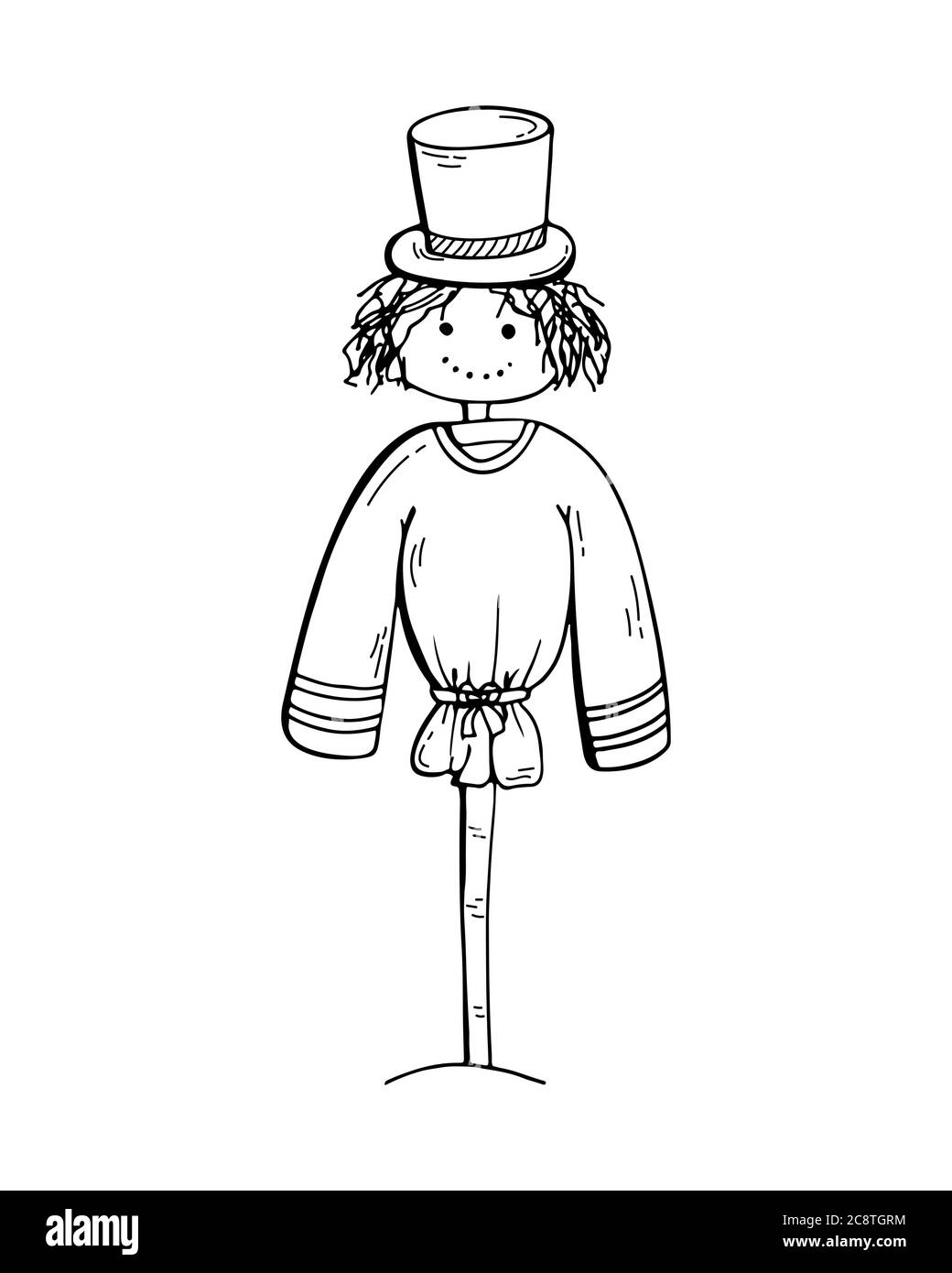 Un affascinante Scarecrow con un cappello su un bastone. Attrezzi di potere per il giardinaggio e le case di campagna. Doodles disegnati a mano. Illustrazione Vettoriale