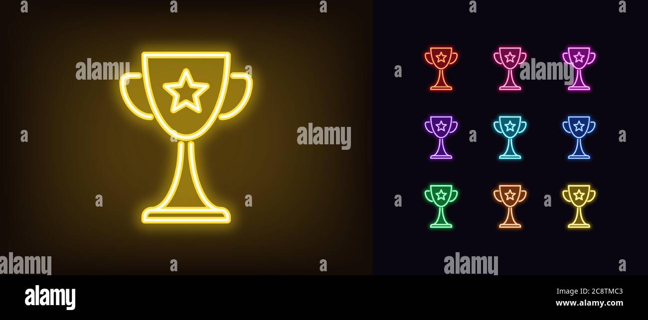 Icona della coppa premio al neon. Brillante cartello al neon, set di trofei dai colori vivaci. Vincitore, evento eSport, premio per il gioco, conquista di cyber sport. Set di icone, Illustrazione Vettoriale