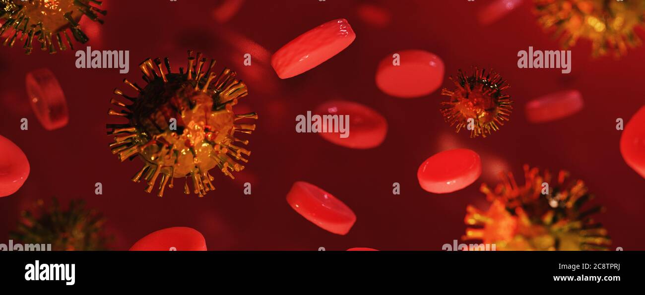 La resa 3D dell'emoglobina nel sangue sta combattendo contro il virus corona per la sopravvivenza. Illustrazione 3d di alta qualità Foto Stock