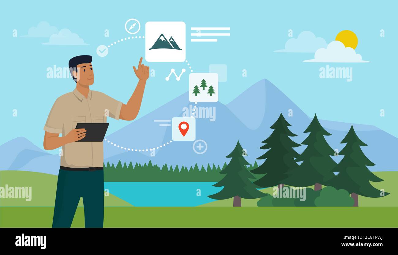 Turista che esplora la natura e utilizza un'app mobile, sta interagendo con un'interfaccia utente virtuale Illustrazione Vettoriale