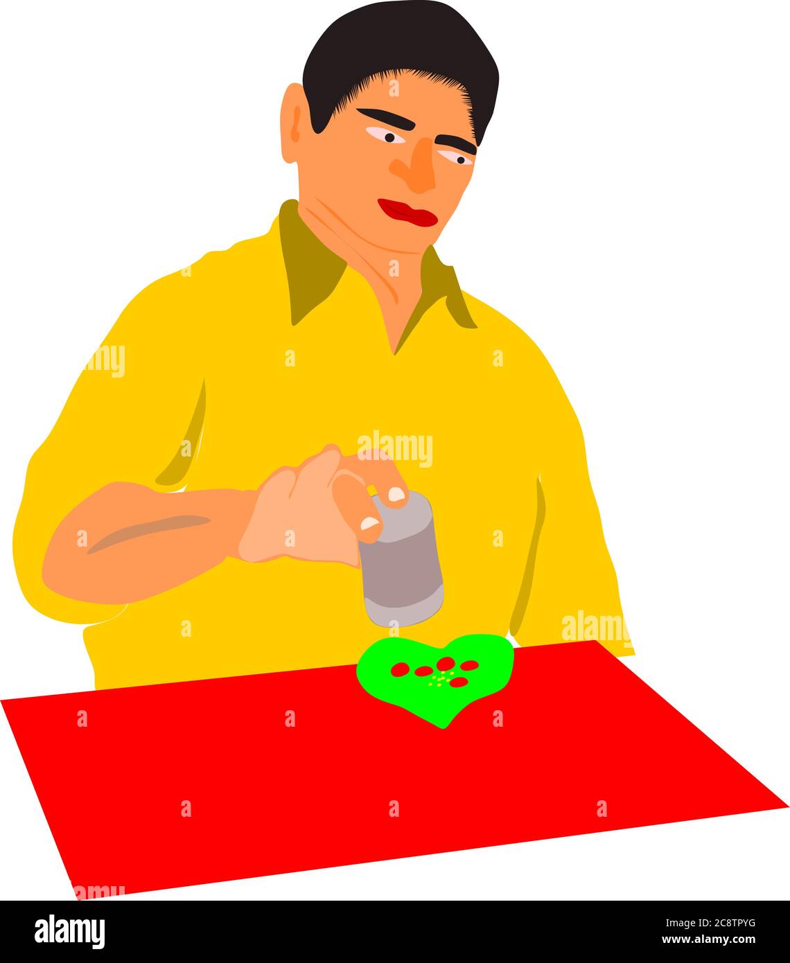 Un fumetto indiano che fa una padella tradizionale su una superficie rossa con camicia gialla in posizione isolata. Illustrazione Vettoriale