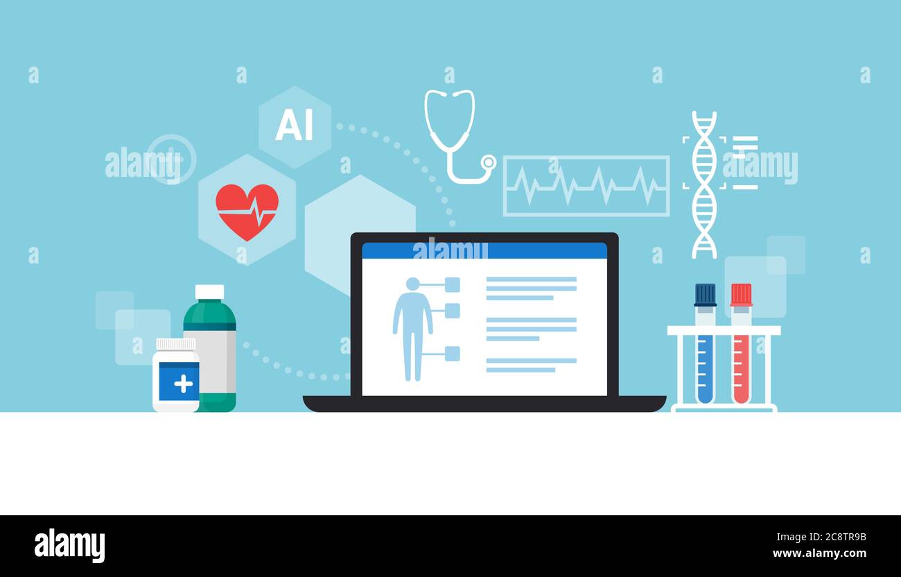Desktop medico con computer portatile, icone e apparecchiature mediche, tecnologia e concetto sanitario Illustrazione Vettoriale
