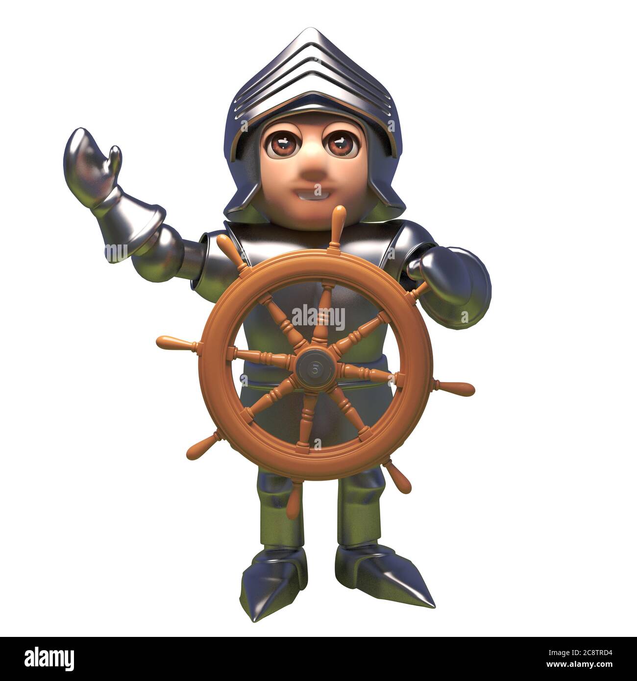 cartoon 3d corazzato personaggio cavaliere medievale ondulato da dietro una ruota di navi, illustrazione 3d Foto Stock