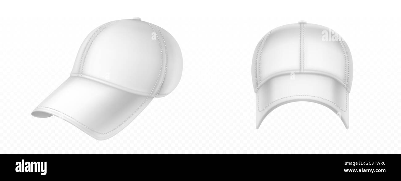 Vista frontale e ad angolo del cappello da baseball. Mockup vettoriale realistico di cappello bianco vuoto con punti, visiera e scatto sulla vetta. Sport cappuccio uniforme per protezione testa del sole isolata su fondo trasparente Illustrazione Vettoriale