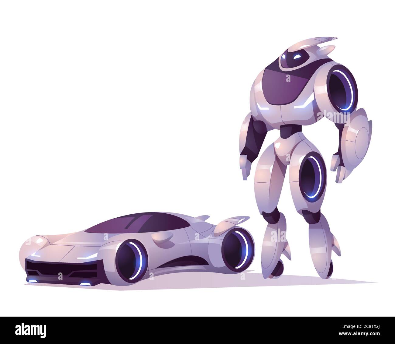 Trasformatore robot in forma di android e auto isolato su sfondo bianco. Cartoni animati vettoriali illustrazione di cyborg futuristico, soldato meccanico, personaggio cyborg Illustrazione Vettoriale